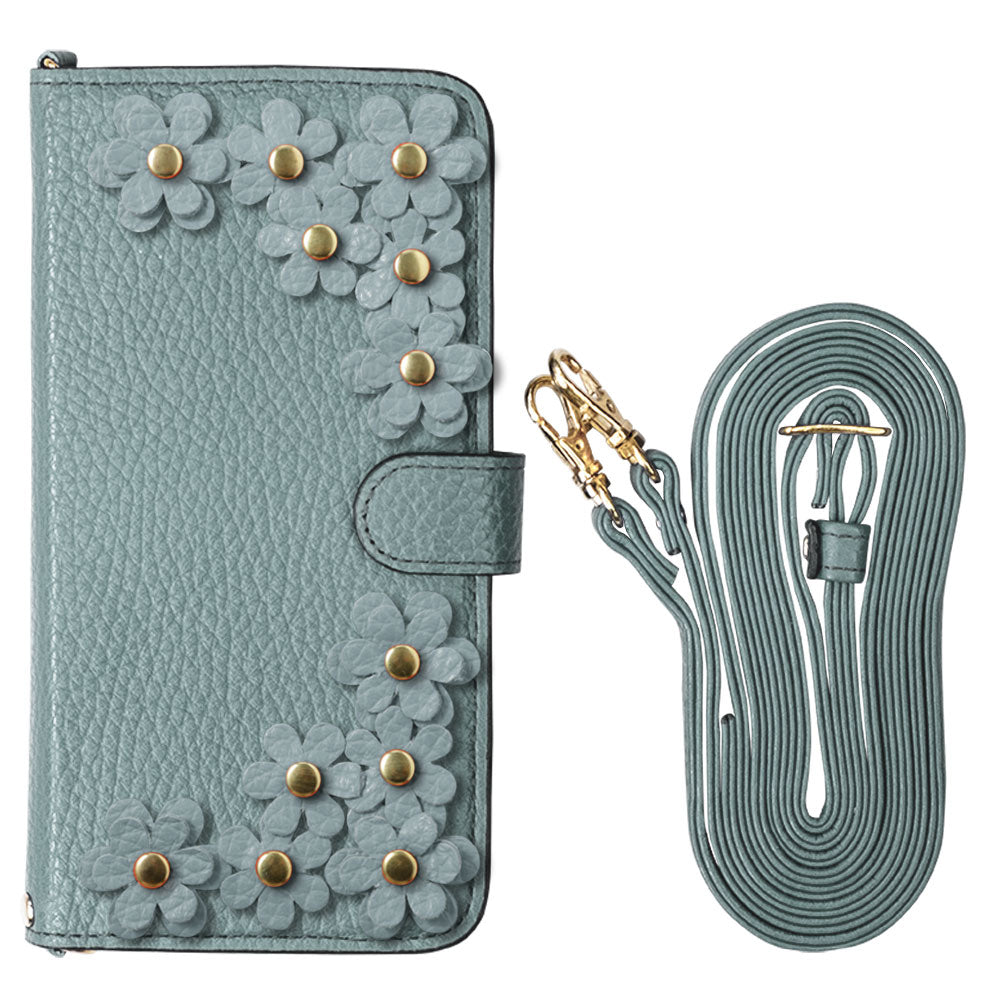 Genuine leather 32 colors Italian shrink leather shoulder strap included flower motif notebook-style case (with belt) Google Pixel series