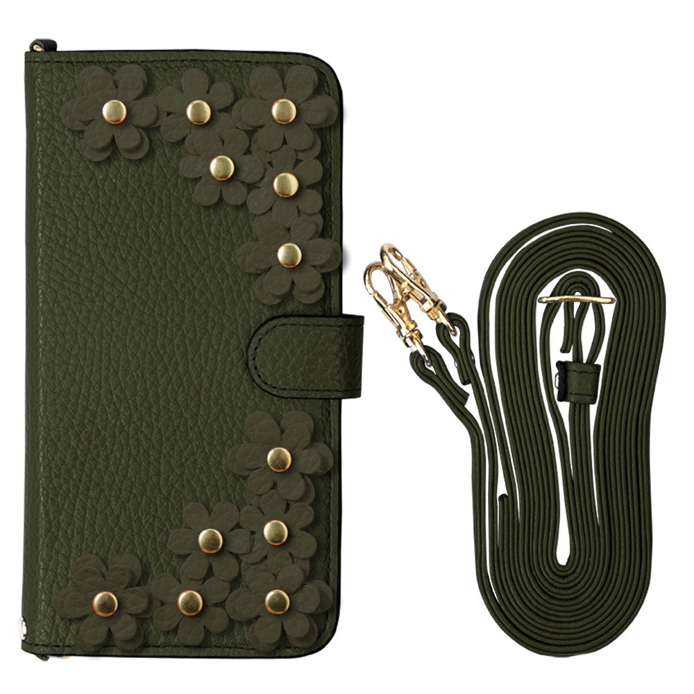 Genuine leather 32 colors Italian shrink leather shoulder strap included flower motif notebook-style case (with belt) iPhone series