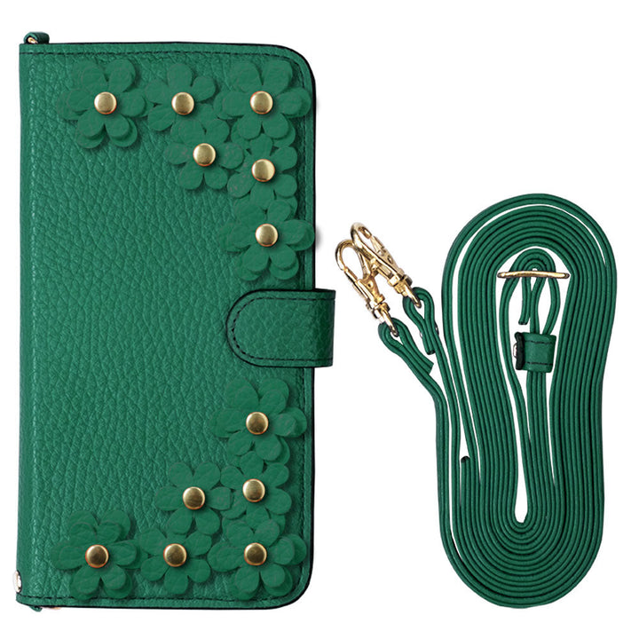 Genuine leather 32 colors Italian shrink leather shoulder strap included flower motif notebook-style case (with belt) iPhone series