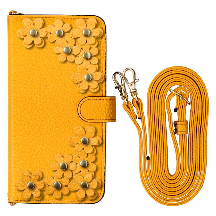 Genuine leather, 32 colors, Italian shrink leather, shoulder strap included, flower motif, notebook-style case (with belt) for AQUOS series