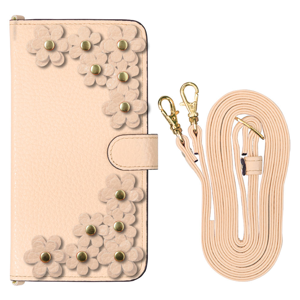 Genuine leather 32 colors Italian shrink leather shoulder strap included flower motif notebook-style case (with belt) iPhone series