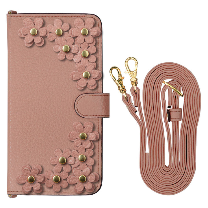 Genuine leather, 32 colors, Italian shrink leather, shoulder strap included, flower motif, notebook-style case (with belt) for AQUOS series