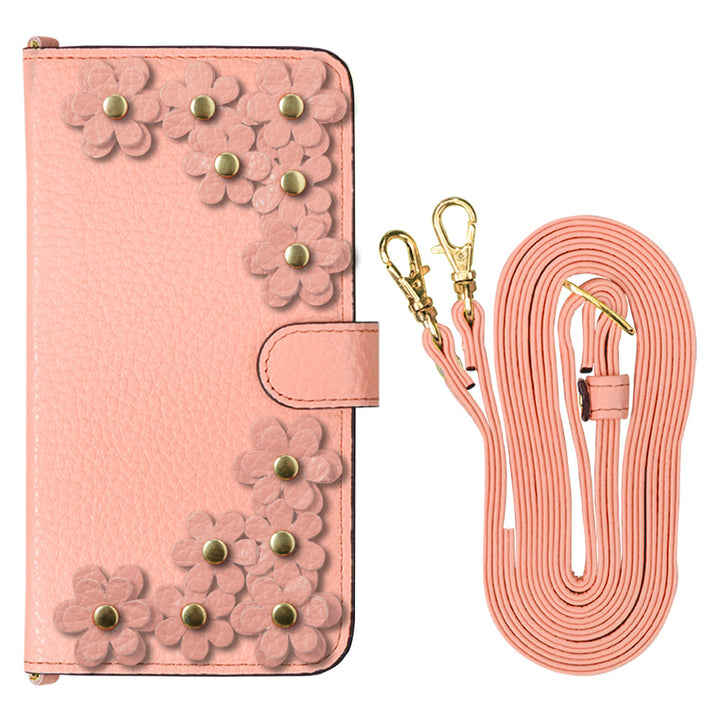 Genuine leather 32 colors Italian shrink leather shoulder strap included flower motif notebook-style case (with belt) Google Pixel series