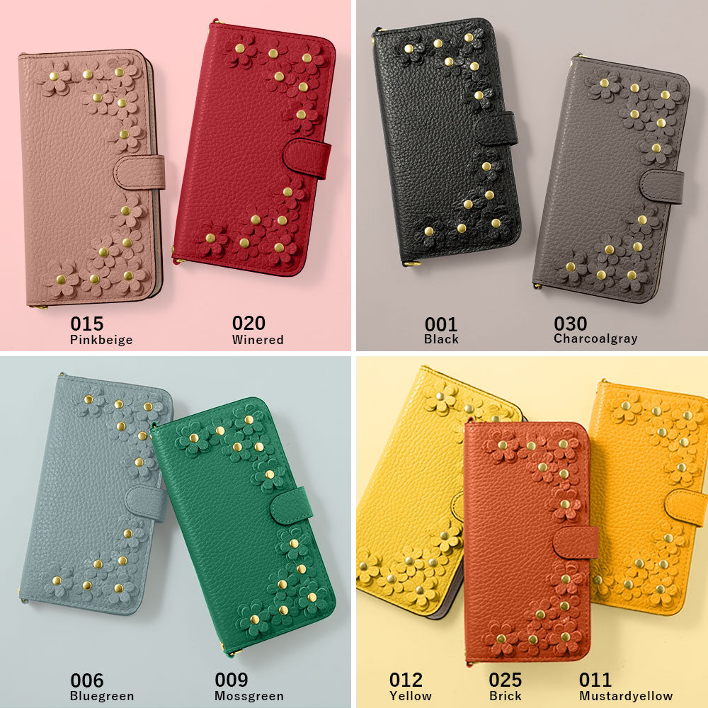 Genuine leather 32 colors Italian shrink leather shoulder strap included flower motif notebook-style case (with belt) iPhone series