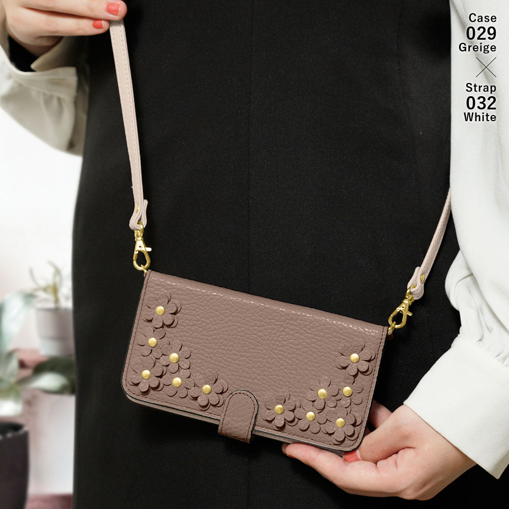 Genuine leather, 32 colors, Italian shrink leather, shoulder strap included, flower motif, notebook-style case (with belt) for AQUOS series