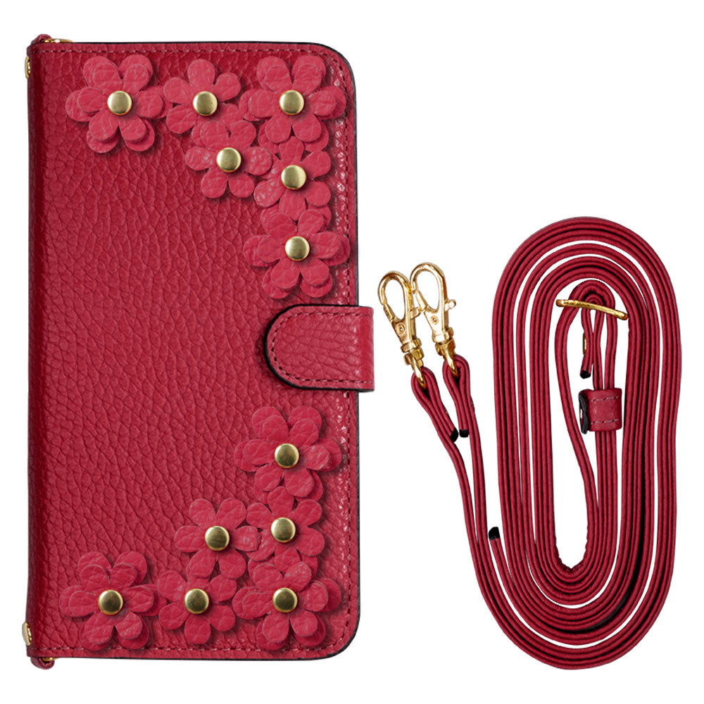 Genuine leather 32 colors Italian shrink leather shoulder strap included flower motif notebook-style case (with belt) Xperia series