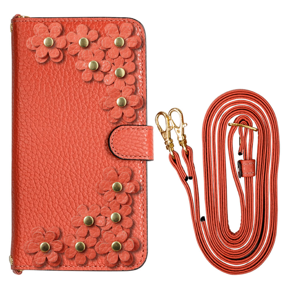 Genuine leather 32 colors Italian shrink leather shoulder strap included flower motif notebook-style case (with belt) Google Pixel series