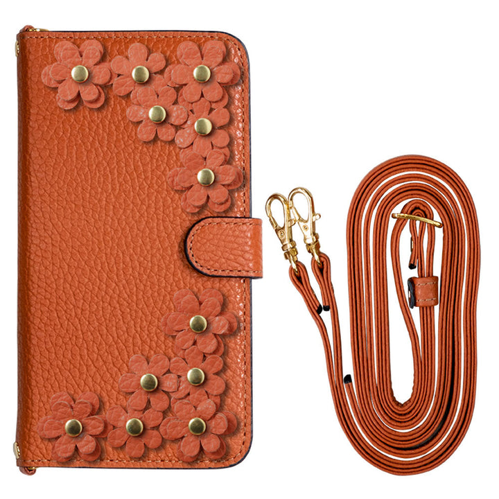 Genuine leather 32 colors Italian shrink leather shoulder strap included flower motif notebook-style case (with belt) Google Pixel series