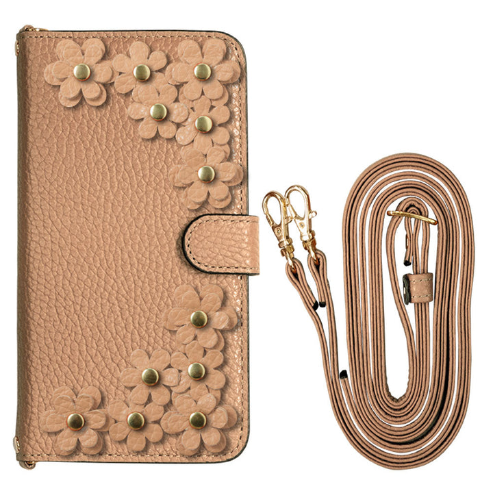 Genuine leather 32 colors Italian shrink leather shoulder strap included flower motif notebook-style case (with belt) iPhone series