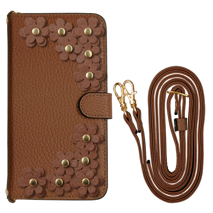 Genuine leather 32 colors Italian shrink leather shoulder strap included flower motif notebook-style case (with belt) Xperia series