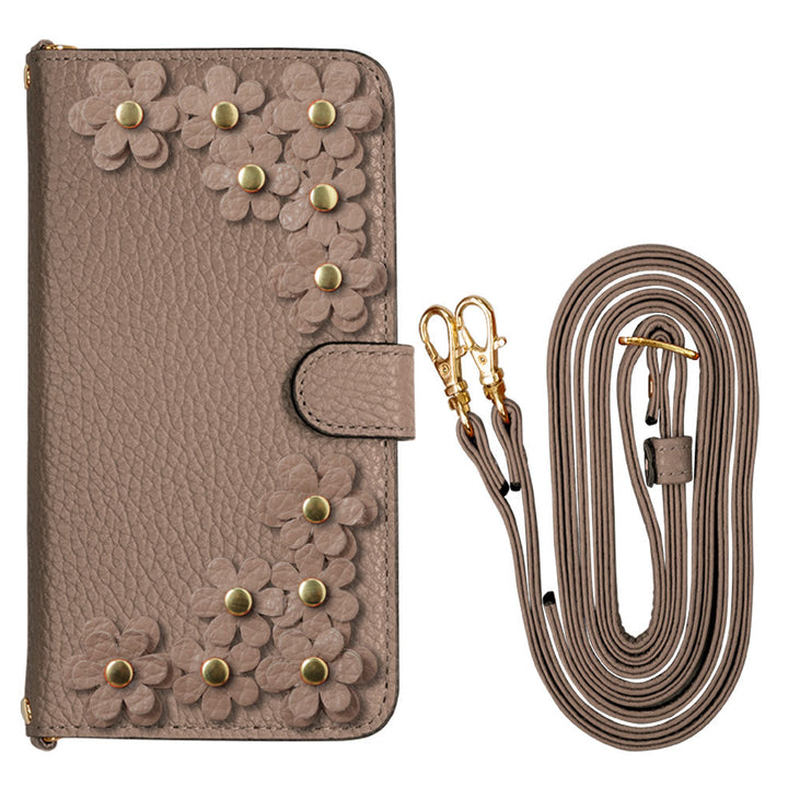 Genuine leather 32 colors Italian shrink leather shoulder strap included flower motif notebook-style case (with belt) iPhone series