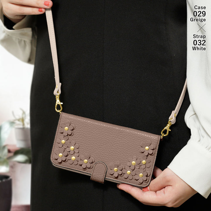 Genuine leather 32 colors Italian shrink leather shoulder strap included flower motif notebook-style case (with belt) iPhone series