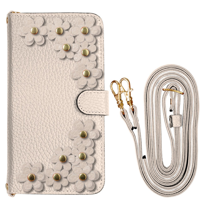 Genuine leather 32 colors Italian shrink leather shoulder strap included flower motif notebook-style case (with belt) iPhone series