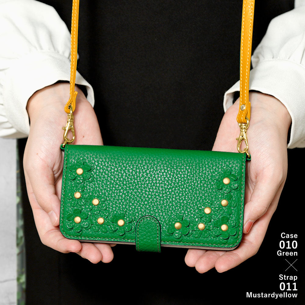 Genuine leather 32 colors Italian shrink leather shoulder strap included flower motif notebook-style case (with belt) iPhone series