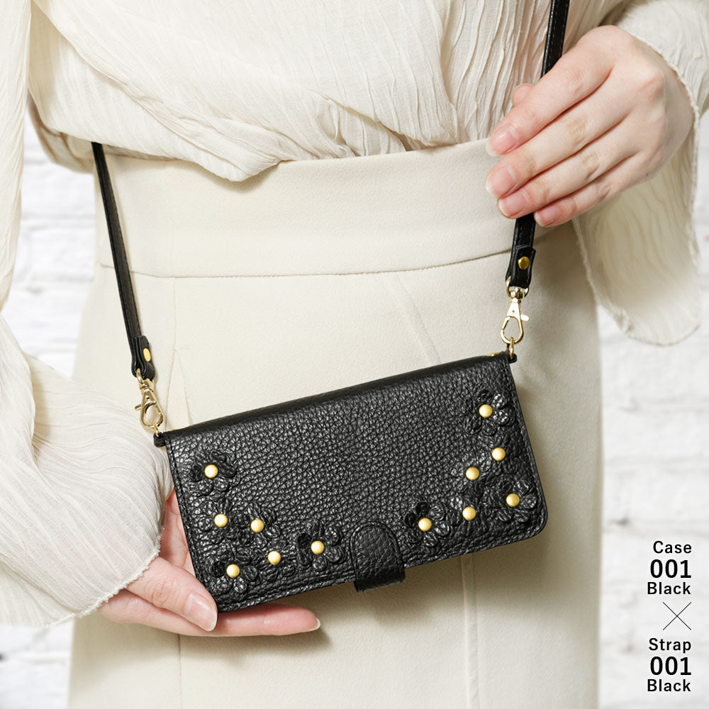 Genuine leather, 32 colors, Italian shrink leather, shoulder strap included, flower motif, notebook-style case (with belt) for AQUOS series