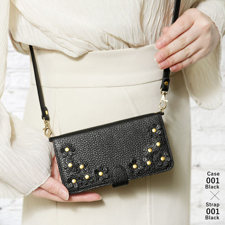 Genuine leather, 32 colors, Italian shrink leather, shoulder strap included, flower motif, notebook-style case (with belt) for AQUOS series