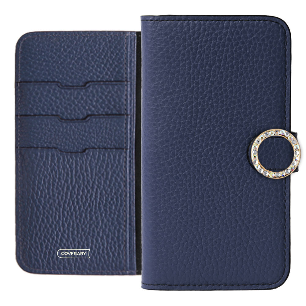 Genuine leather 32 colors Italian shrink leather round stone deco notebook-style case (with belt) AQUOS series