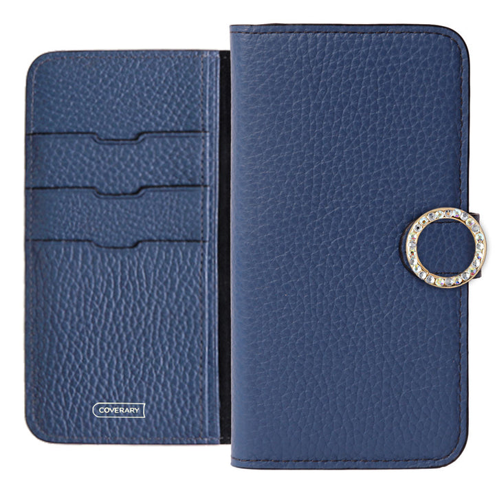 Genuine leather 32 colors Italian shrink leather round stone deco notebook-style case (with belt) AQUOS series