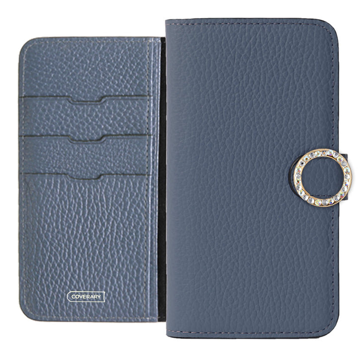 Genuine leather 32 colors Italian shrink leather round stone deco notebook-style case (with belt)