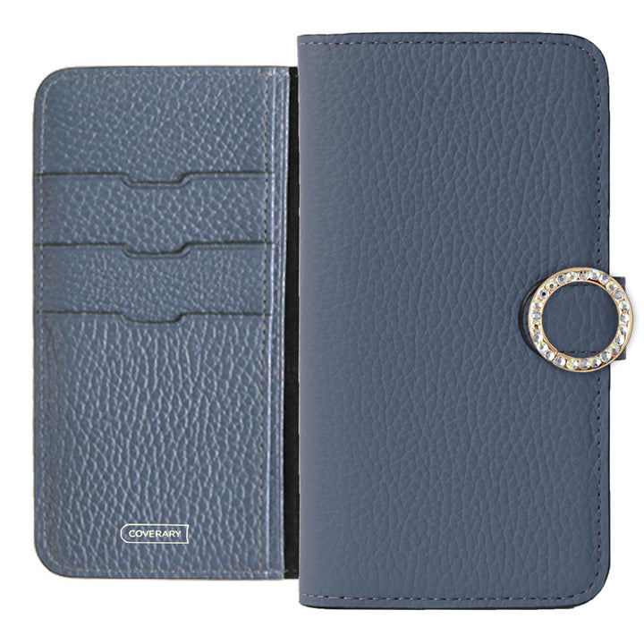 Genuine leather 32 colors Italian shrink leather round stone deco notebook-style case (with belt) AQUOS series