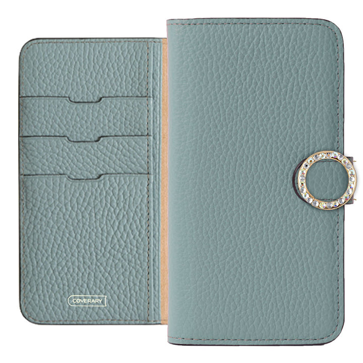 Cuir véritable 32 couleurs cuir italien grainé étui portefeuille à décor de pierres rondes (avec ceinture) série Galaxy