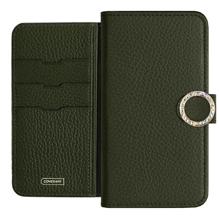 Genuine leather 32 colors Italian shrink leather round stone deco notebook-style case (with belt)