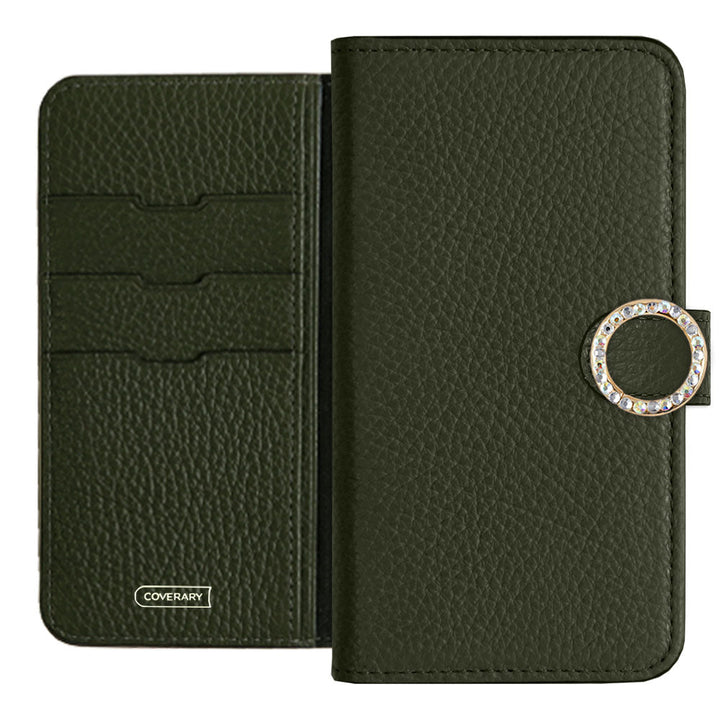 Genuine leather 32 colors Italian shrink leather round stone deco notebook-style case (with belt) AQUOS series