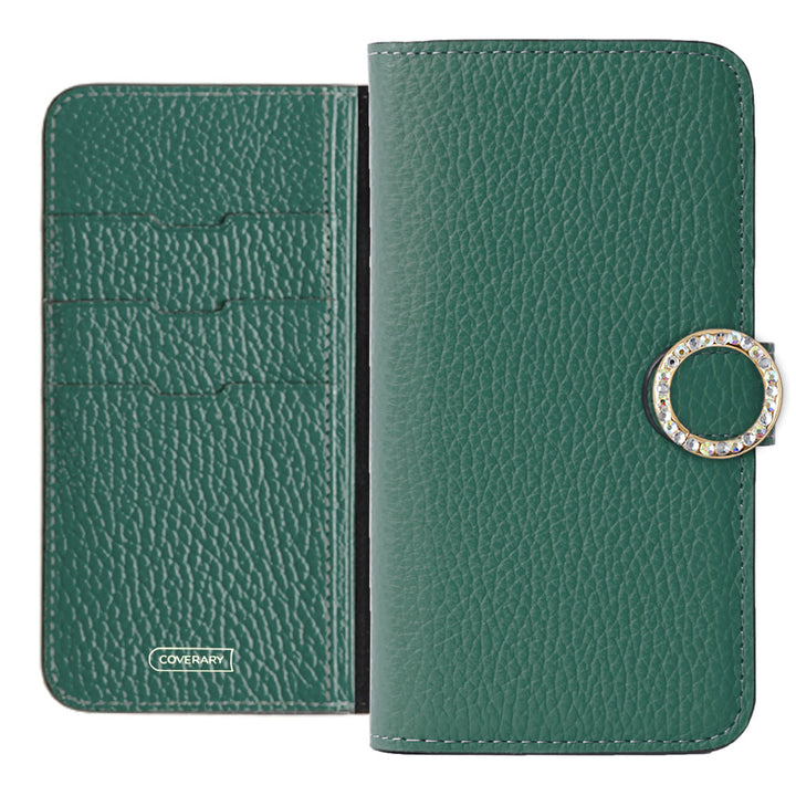 Genuine leather 32 colors Italian shrink leather round stone deco notebook-style case (with belt)