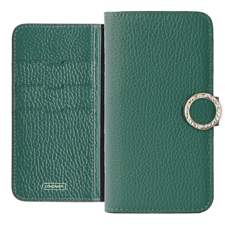 Genuine leather 32 colors Italian shrink leather round stone deco notebook-style case (with belt) AQUOS series