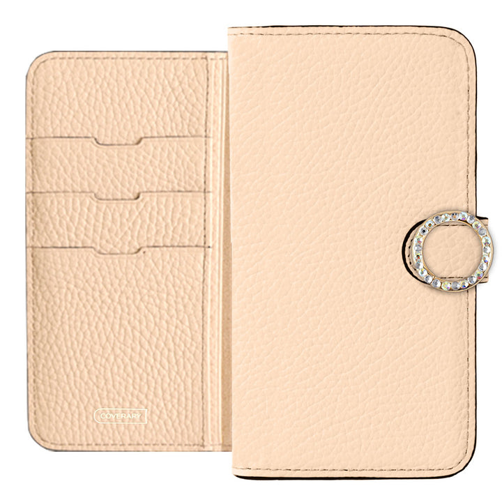 Genuine leather 32 colors Italian shrink leather round stone deco notebook-style case (with belt)