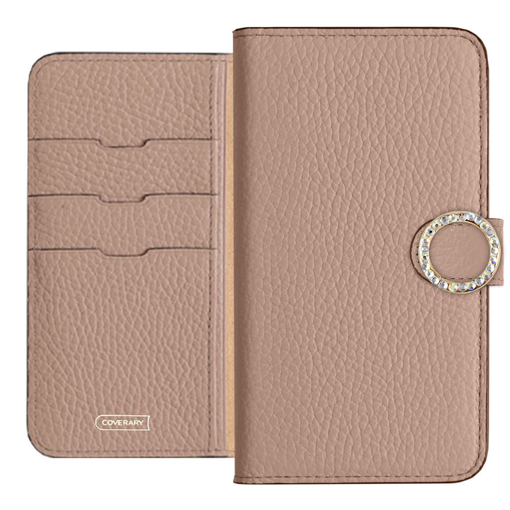 Genuine leather 32 colors Italian shrink leather round stone deco notebook-style case (with belt)