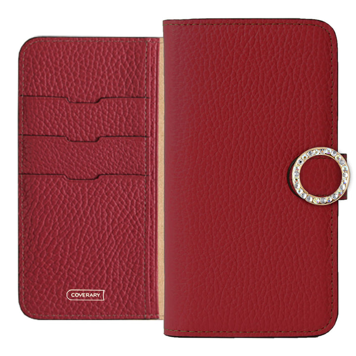 Genuine leather 32 colors Italian shrink leather round stone deco notebook-style case (with belt)