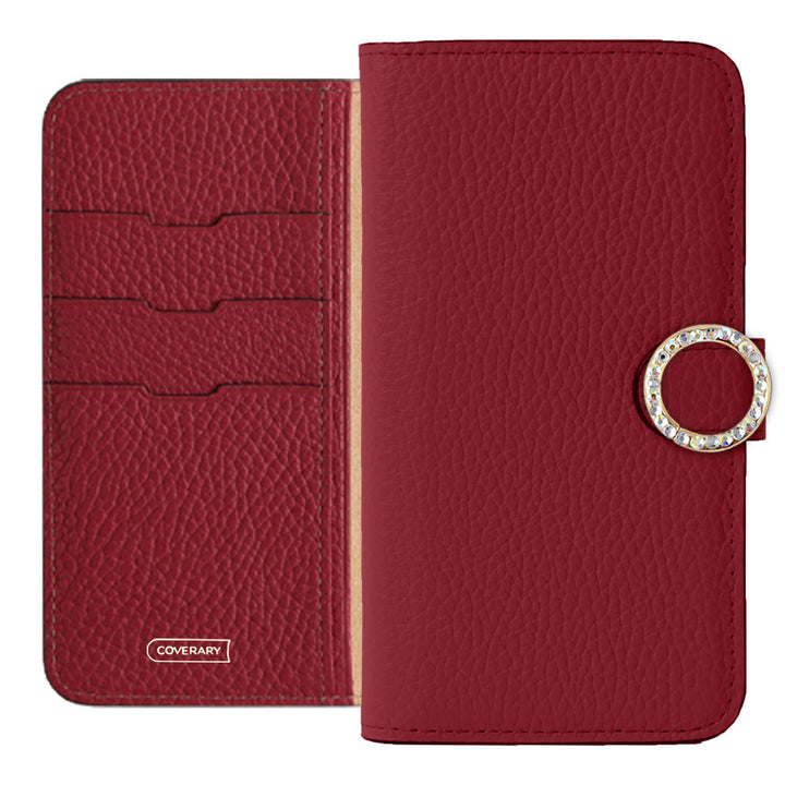 Genuine leather 32 colors Italian shrink leather round stone deco notebook-style case (with belt)