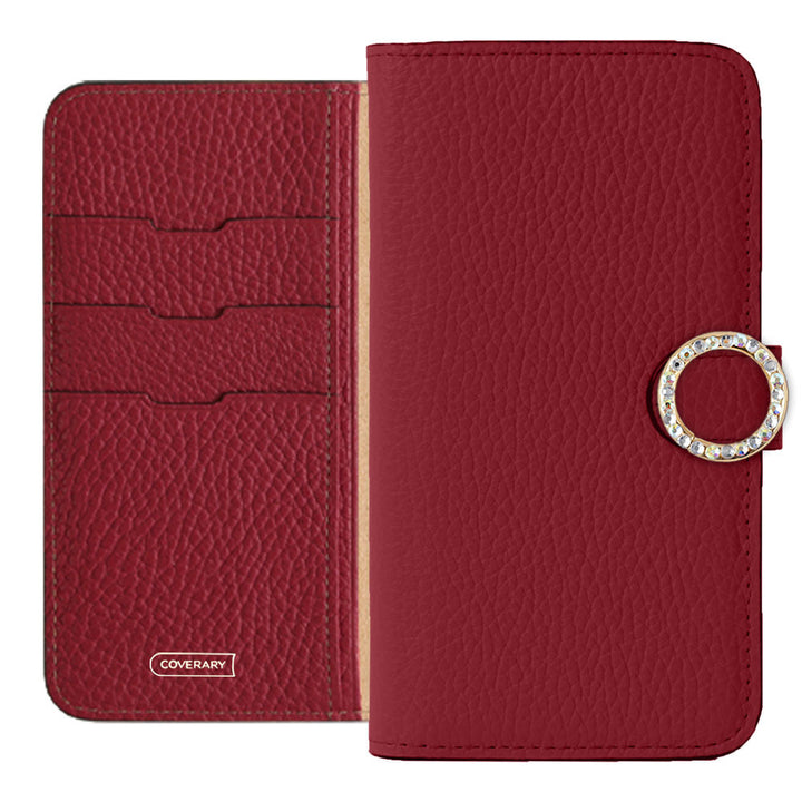 Genuine leather 32 colors Italian shrink leather round stone deco notebook-style case (with belt) AQUOS series