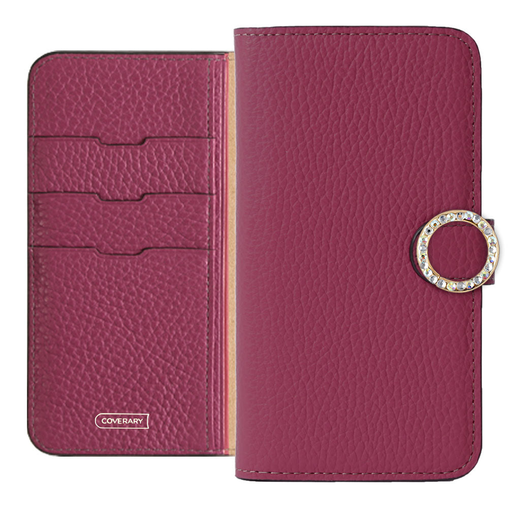 Genuine leather 32 colors Italian shrink leather round stone deco notebook-style case (with belt)