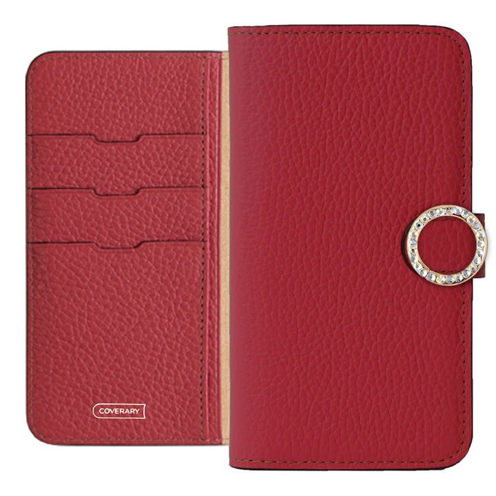 Genuine leather 32 colors Italian shrink leather round stone deco notebook-style case (with belt)