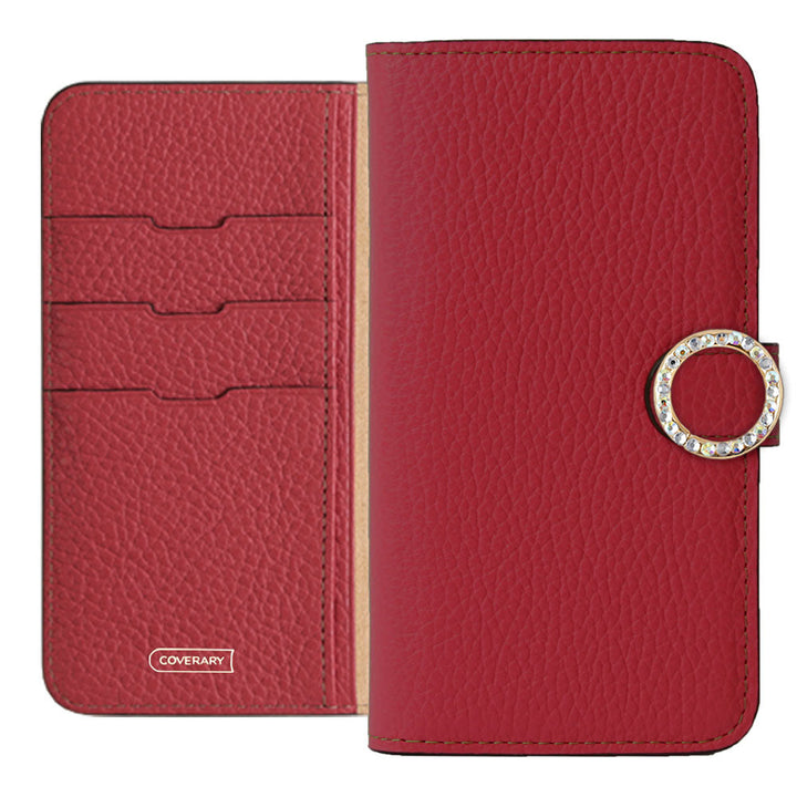 Genuine leather 32 colors Italian shrink leather round stone deco notebook-style case (with belt) AQUOS series