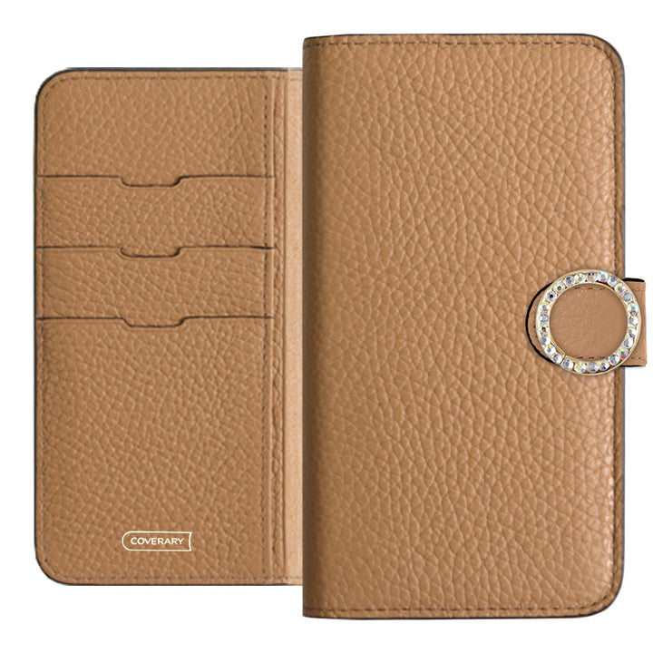 Genuine leather 32 colors Italian shrink leather round stone deco notebook-style case (with belt)