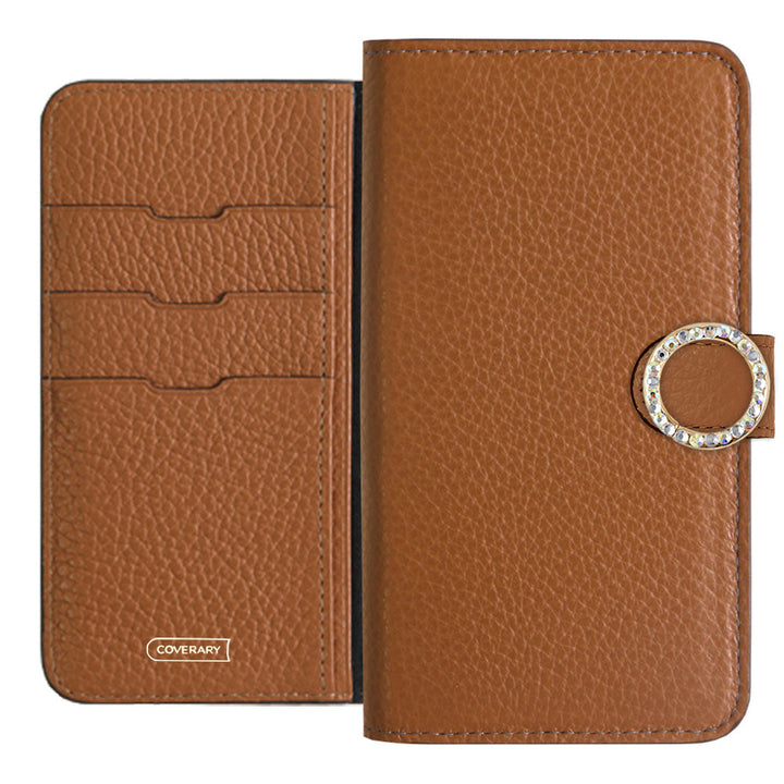 Genuine leather 32 colors Italian shrink leather round stone deco notebook-style case (with belt) AQUOS series