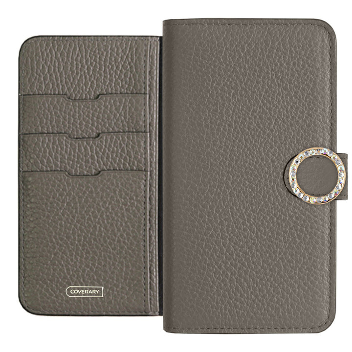 Genuine leather 32 colors Italian shrink leather round stone deco notebook-style case (with belt) AQUOS series