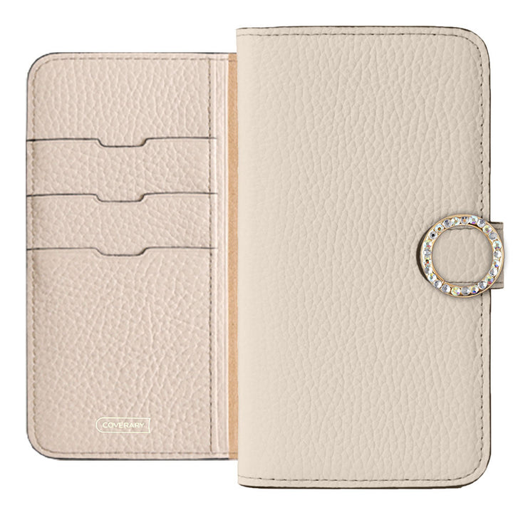 Cuir véritable 32 couleurs cuir italien grainé étui portefeuille à décor de pierres rondes (avec ceinture) série Galaxy