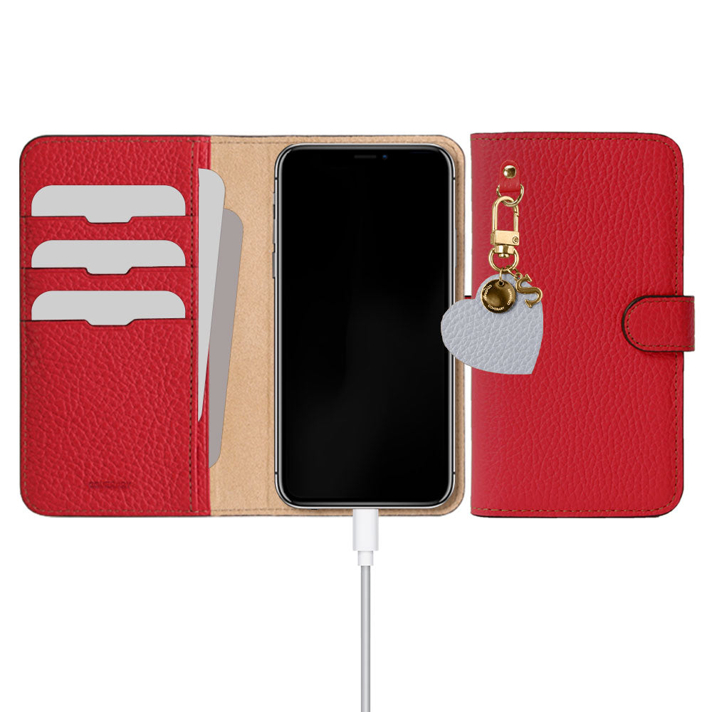 本革 32色 イタリアンシュリンクレザー モチーフイニシャルチャーム 手帳型ケース（ベルトあり）iPhoneシリーズ