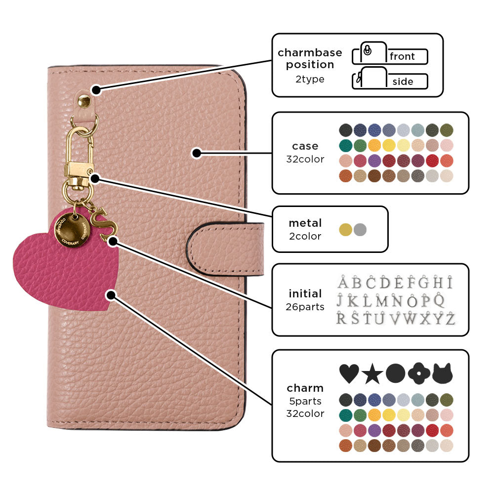 Genuine leather 32 colors Italian shrink leather motif initial charm notebook-style case (with belt) AQUOS series