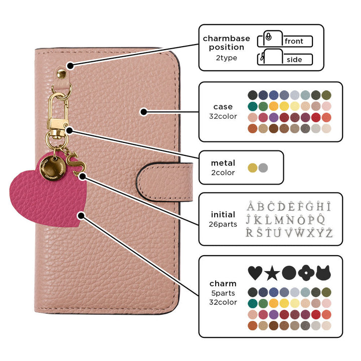 Genuine leather 32 colors Italian shrink leather motif initial charm notebook-style case (with belt) AQUOS series