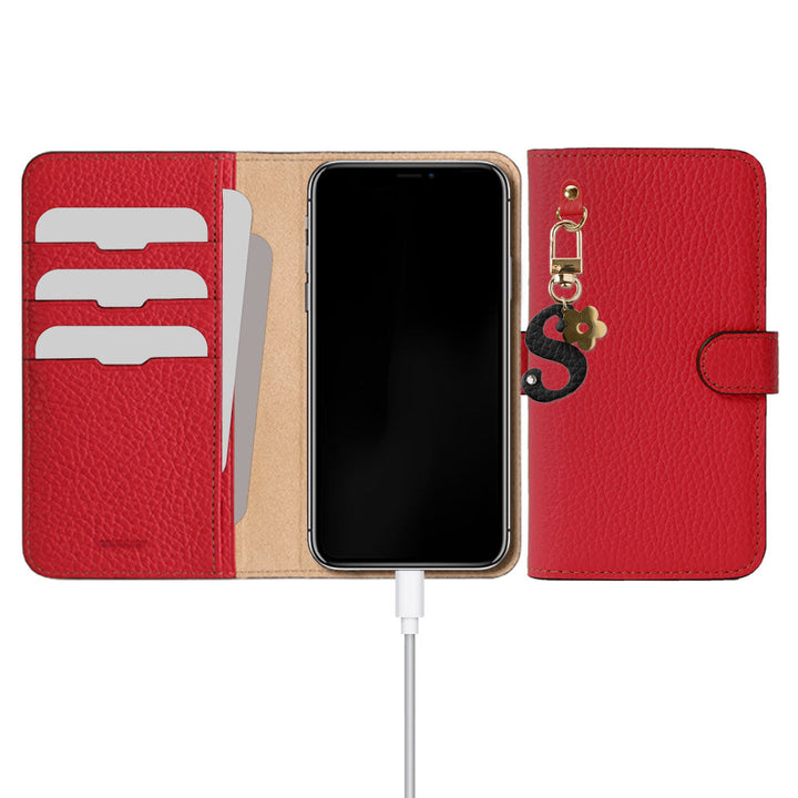 本革 32色 イタリアンシュリンクレザー miniイニシャルチャーム 手帳型ケース（ベルトあり）iPhoneシリーズ