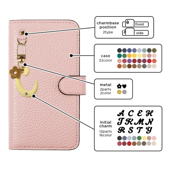 Genuine leather 32 colors Italian shrink leather mini initial charm notebook-style case (with belt) Xperia series