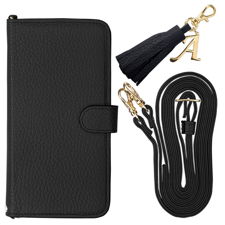 Genuine leather 32 colors Italian shrink leather with shoulder strap Initial tassel charm notebook-style case (with belt) Xperia series