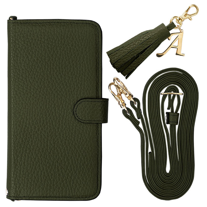 Genuine leather 32 colors Italian shrink leather with shoulder strap Initial tassel charm notebook-style case (with belt) Xperia series