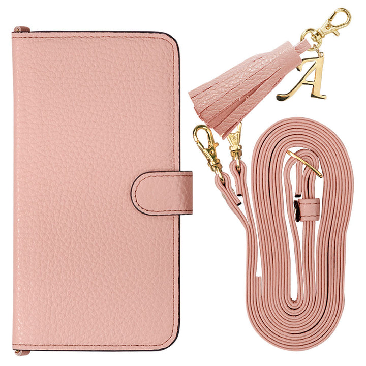 Genuine leather 32 colors Italian shrink leather with shoulder strap Initial tassel charm notebook-style case (with belt) Xperia series