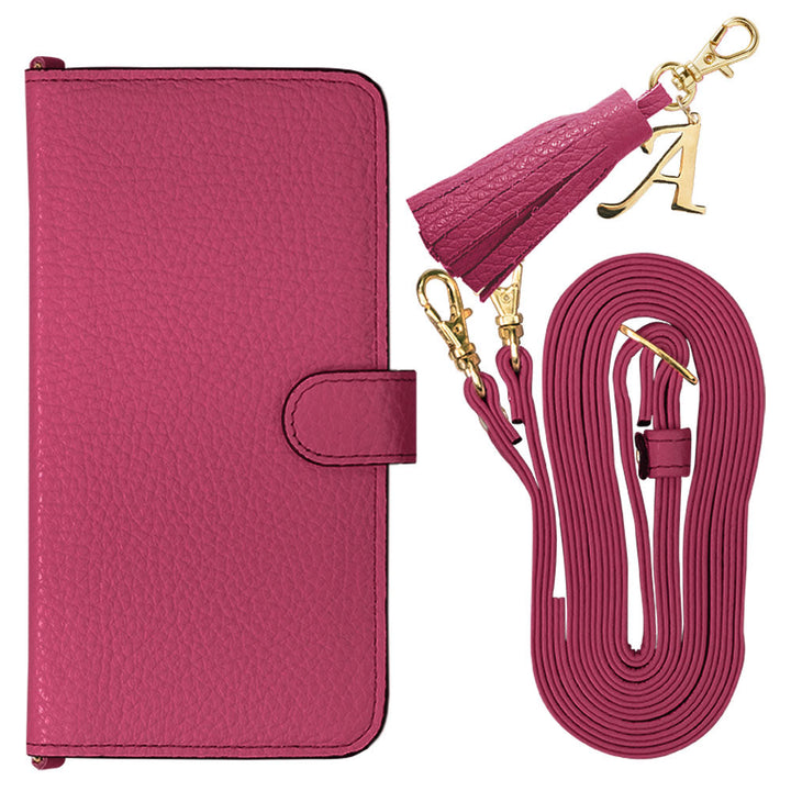 Genuine leather 32 colors Italian shrink leather with shoulder strap Initial tassel charm notebook-style case (with belt) Xperia series